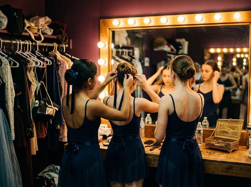 Bailarinas nos bastidores a ajustar o cabelo e os trajes antes do espetáculo