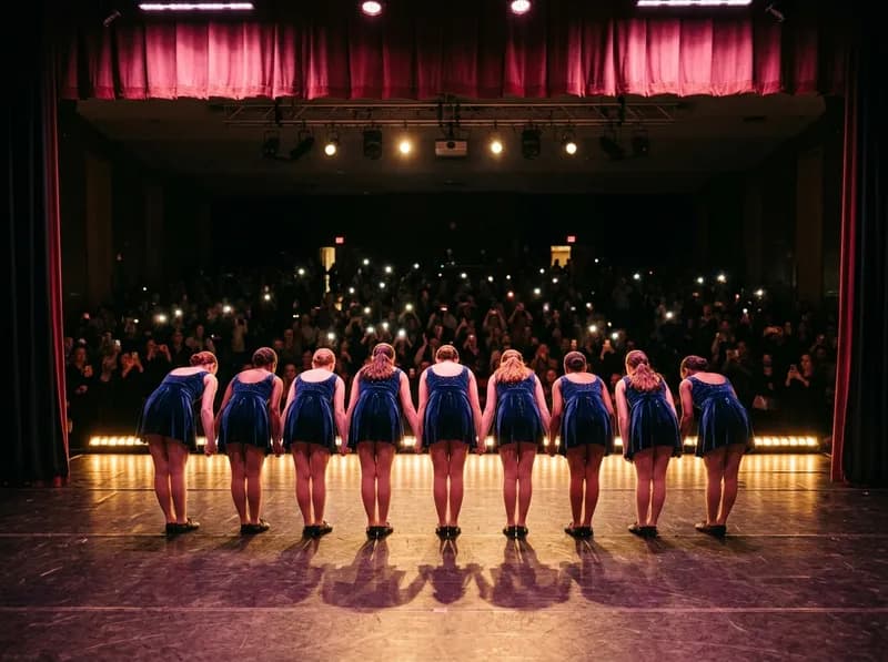 Grupo de jovens bailarinos a agradecer em palco sob luzes quentes
