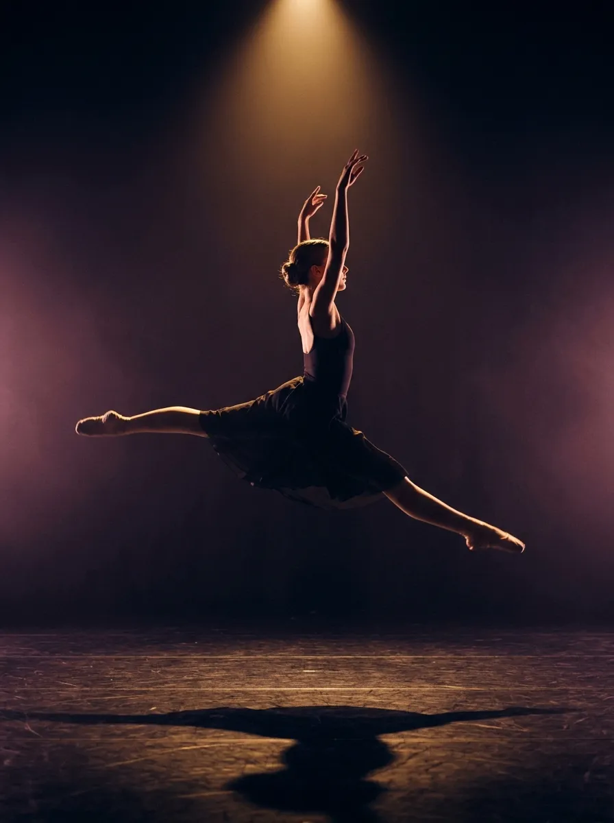 Jovem bailarina num grand jeté sob um foco quente num palco escuro
